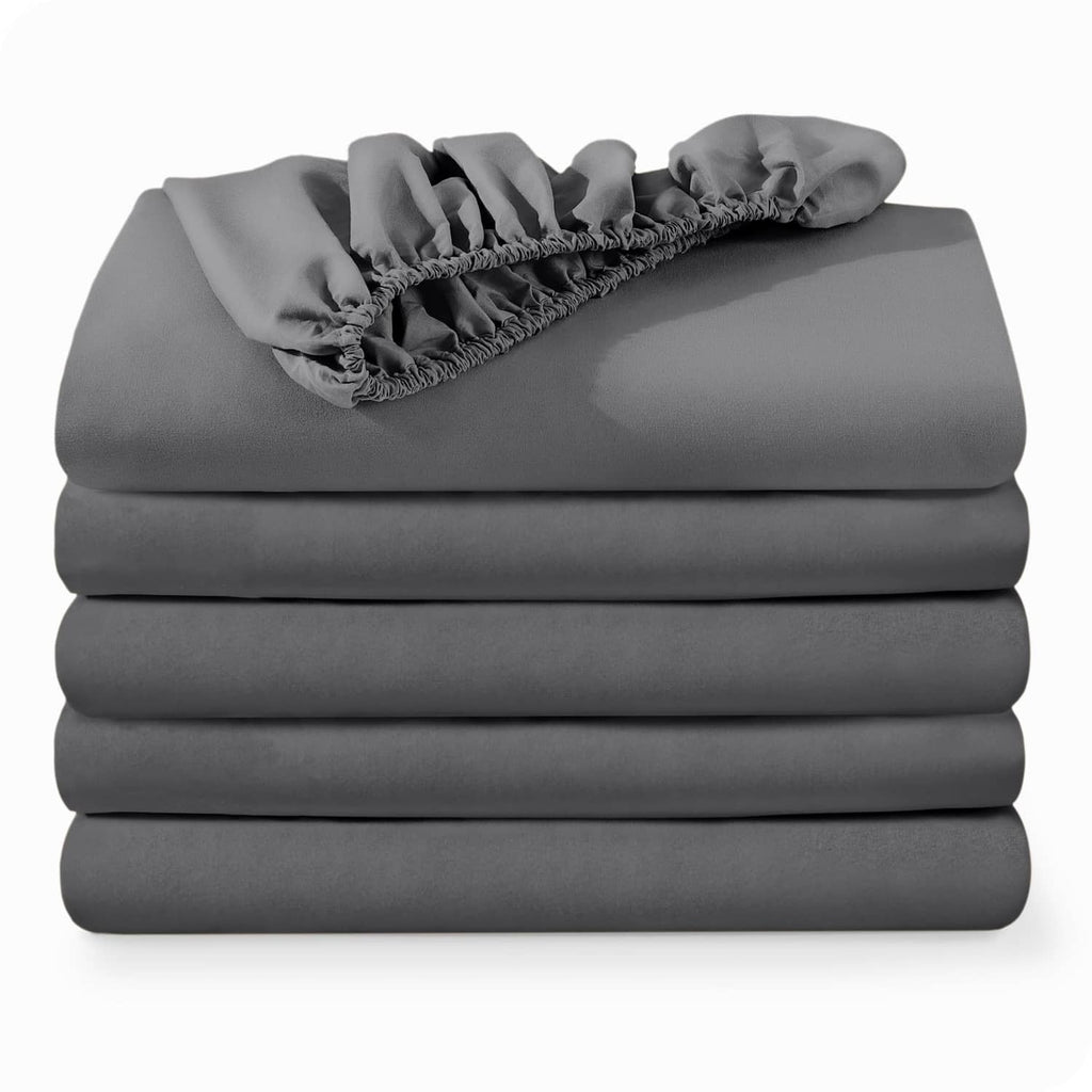Grey queen fitted sheet stack with elastic ruffled edge