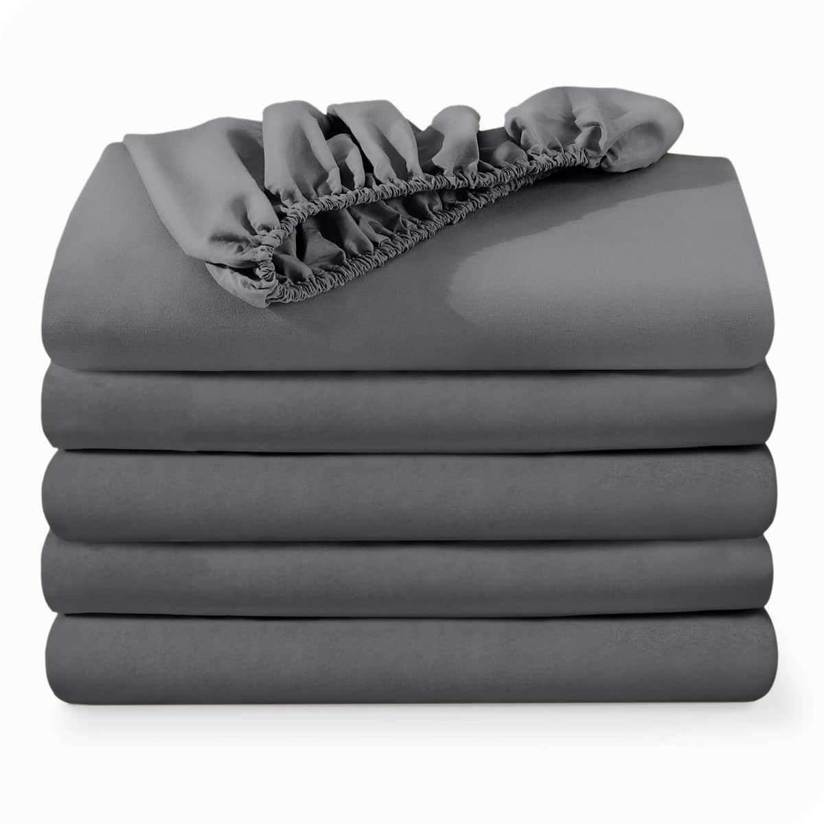 Grey queen fitted sheet stack with elastic ruffled edge