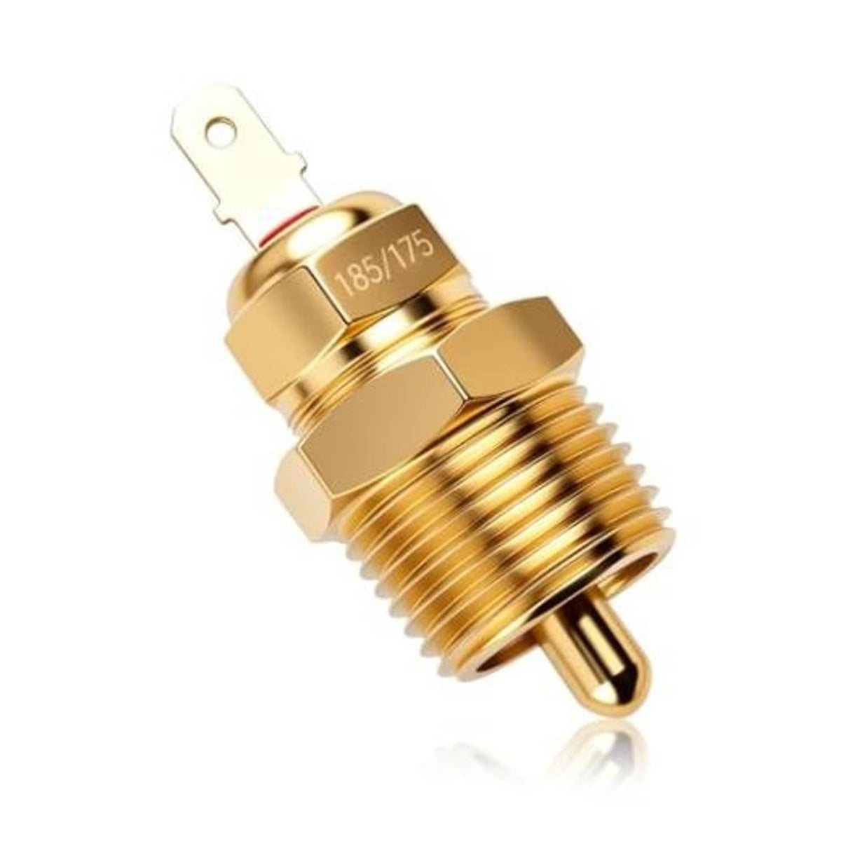 Brass radiator fan switch thermostat with threaded metal body and electrical mounting tab