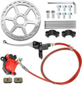 Hydraulic mini bike disc brake kit with rotor, red caliper, hose, pads and mounting bolts
