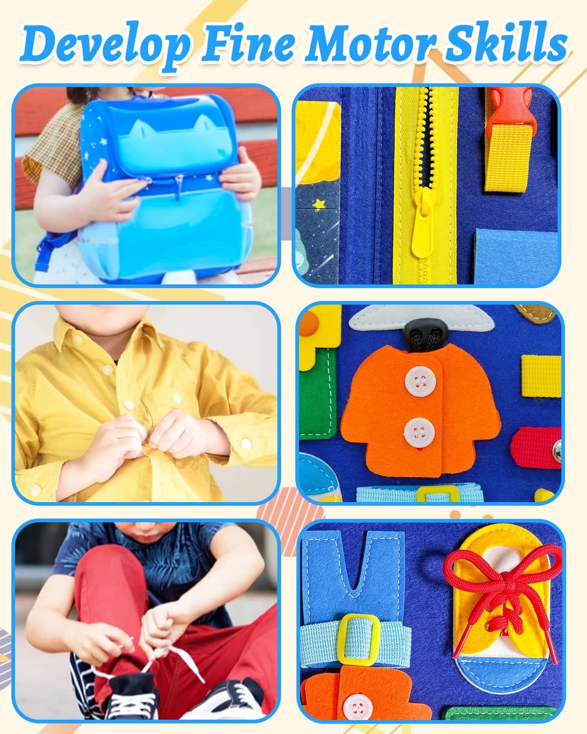 Montessori busy board close-ups with zipper and Velcro tabs plus buttoned shirt panel