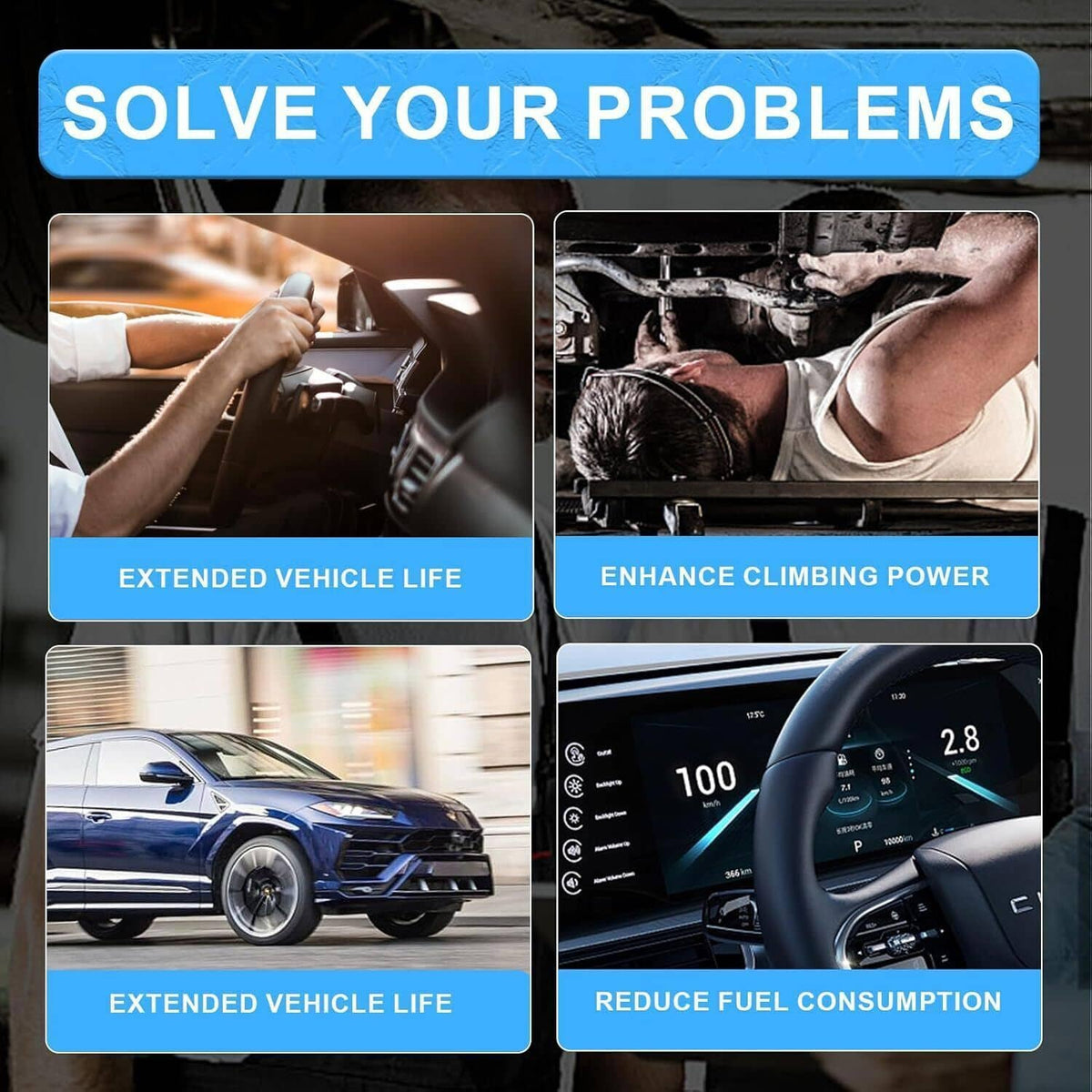 Turbocharger promotional graphic with car and engine power icons