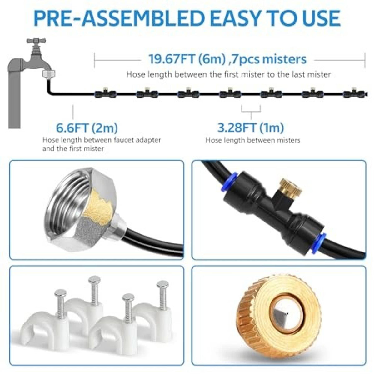 Misting system kit with brass nozzles, faucet adapter, and mounting parts