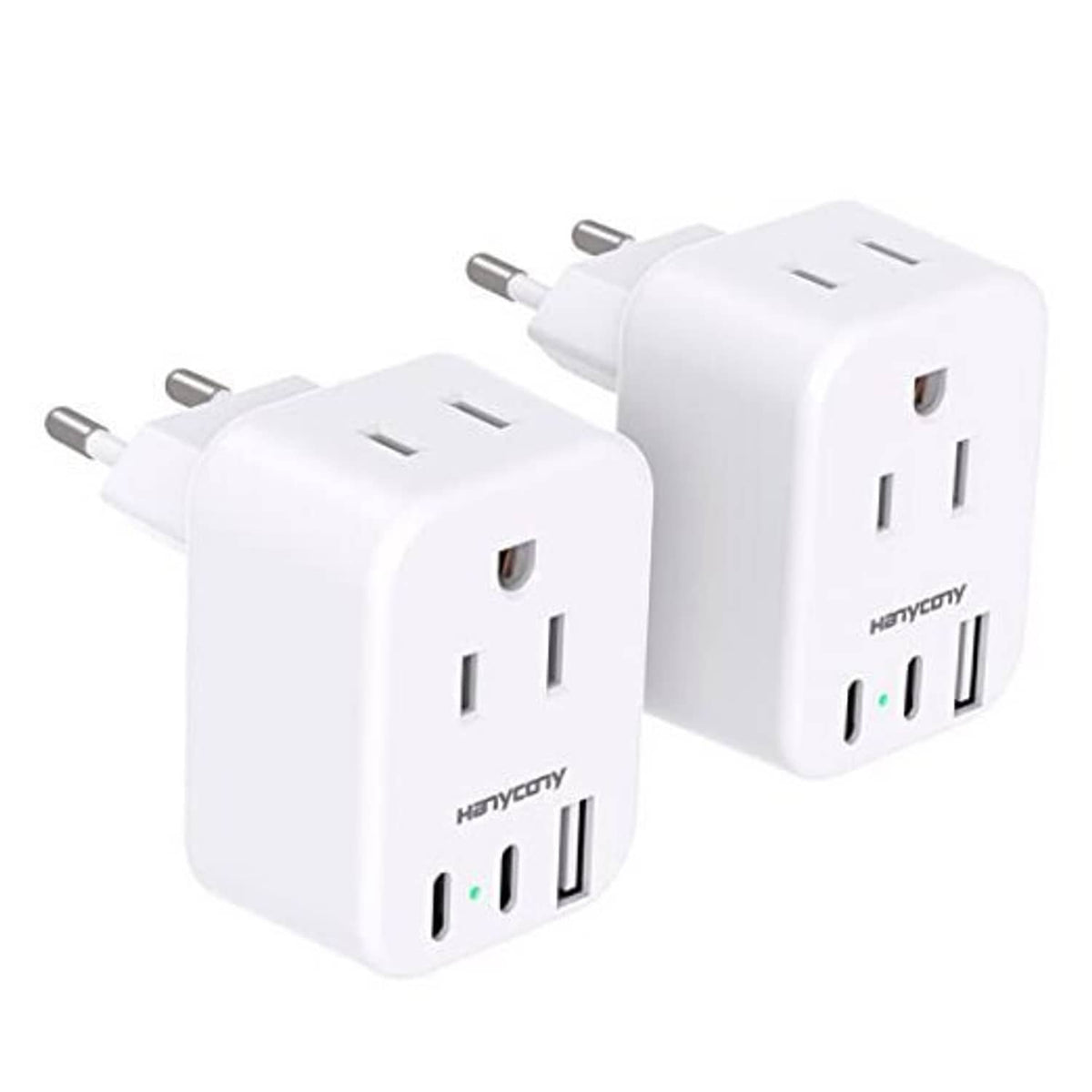Two white international plug adapters shown side by side with multi-port panel