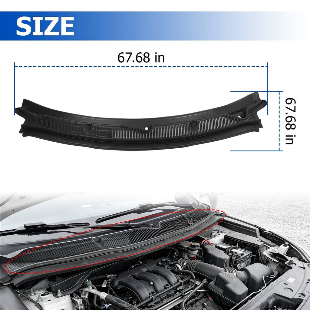 Black curved wiper grille panel with vertical vent slats and two mounting holes