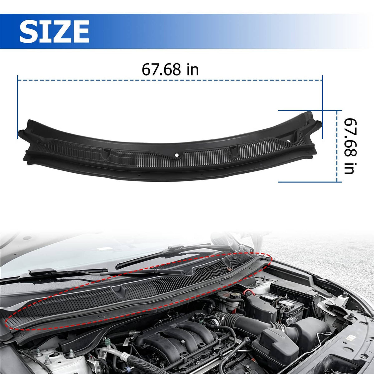 Black curved wiper grille panel with vertical vent slats and two mounting holes