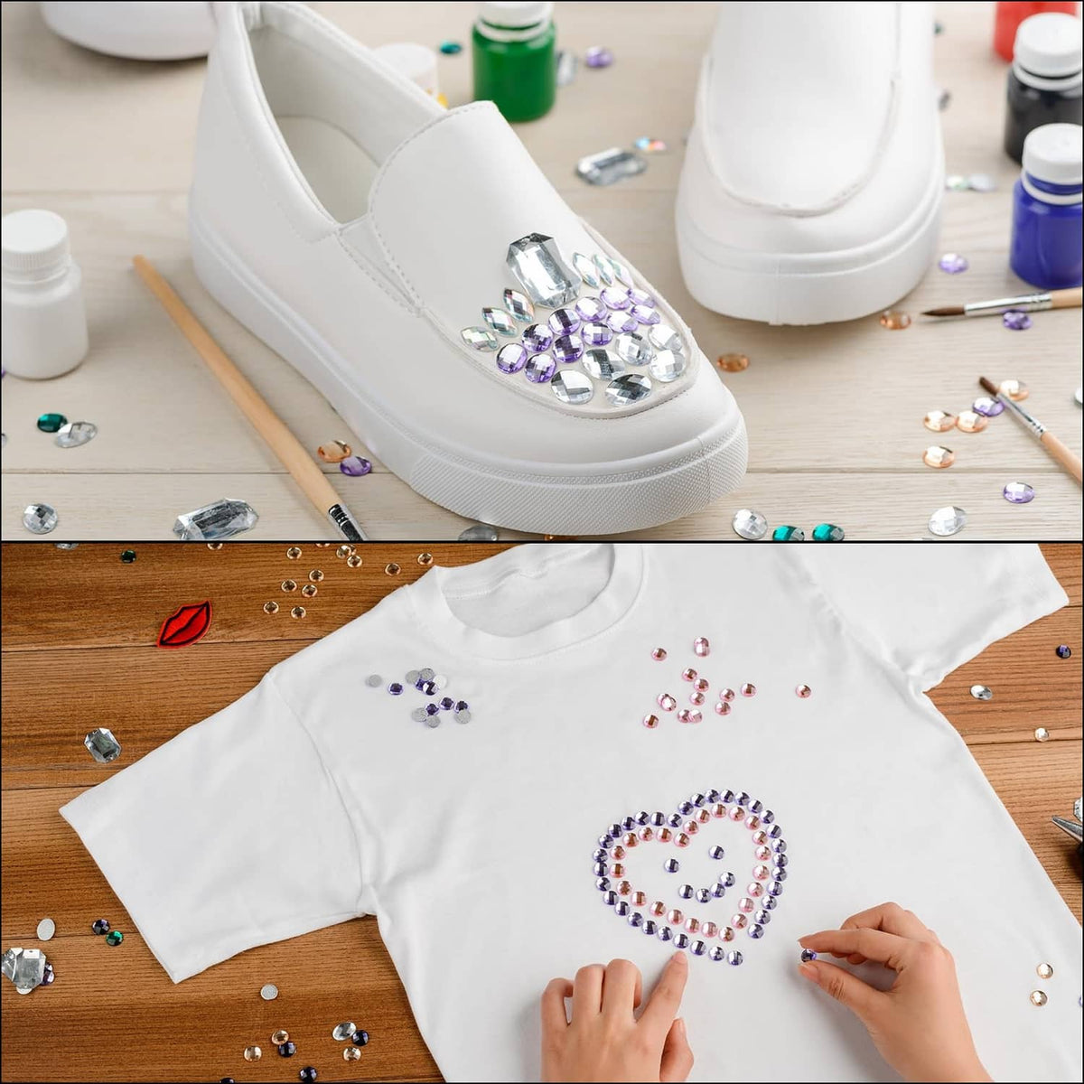 Silver rhinestones applied to a white sneaker and a T-shirt heart design