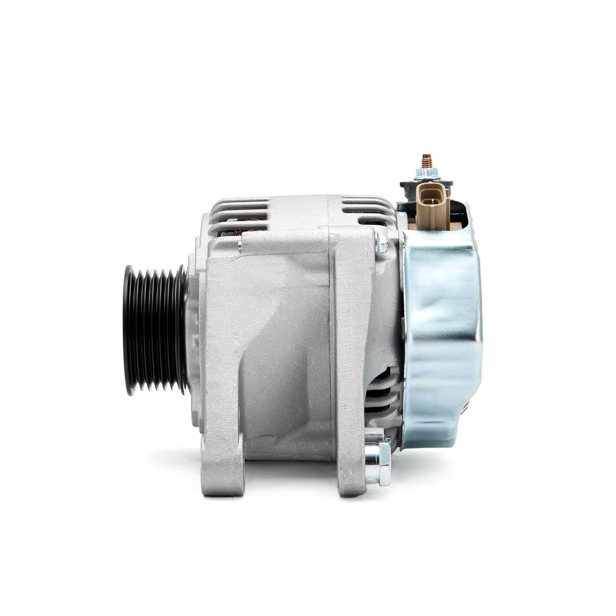 Silver alternator rear-side view with black pulley and top electrical terminal