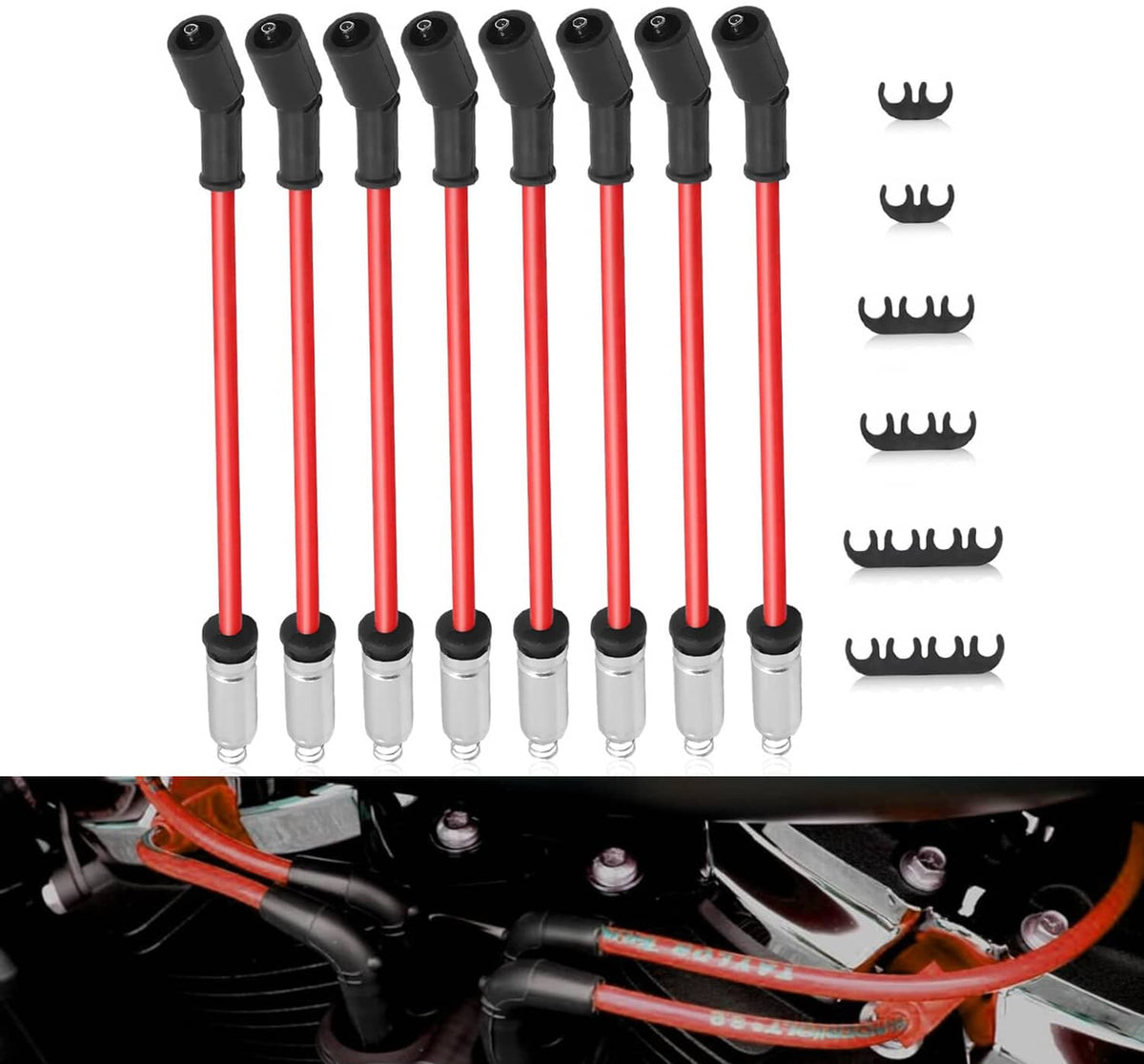 Spark plug wire set with red cables, black boots, and chrome terminals; includes clips.
