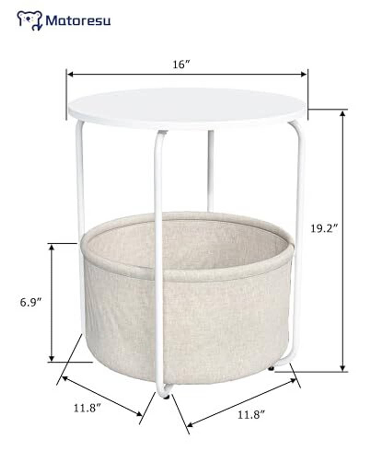White round side table with beige fabric storage drum, size diagram with inches