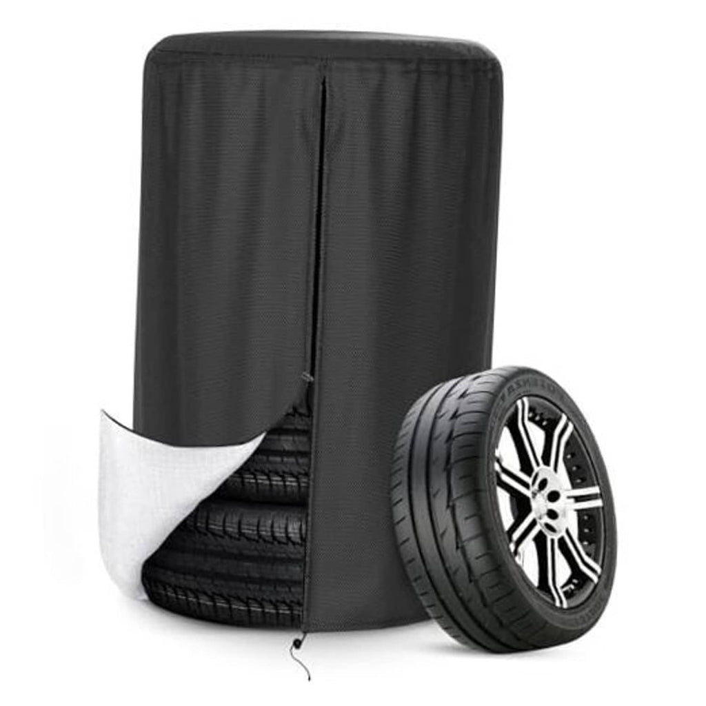 Black heavy-duty tire cover with drawstring opening, designed to fit a spare tire