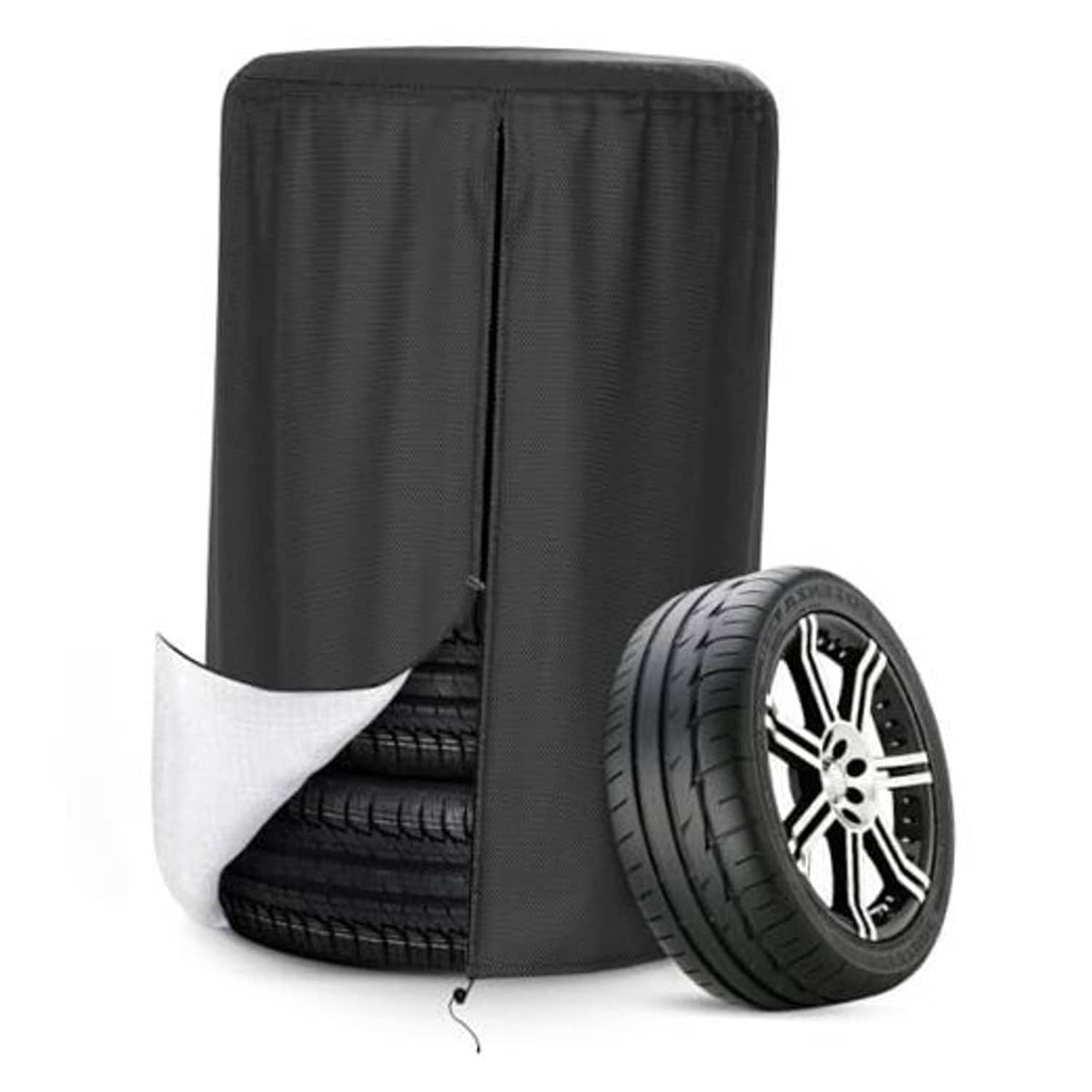 Black heavy-duty tire cover with drawstring opening, designed to fit a spare tire