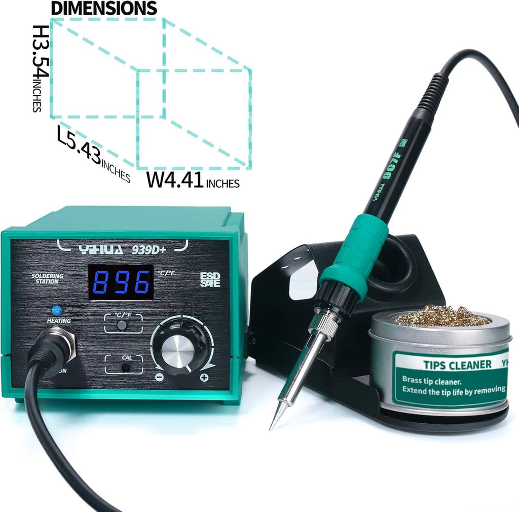 Digital soldering station and soldering iron with dimension labels and W4.41 inch sizing