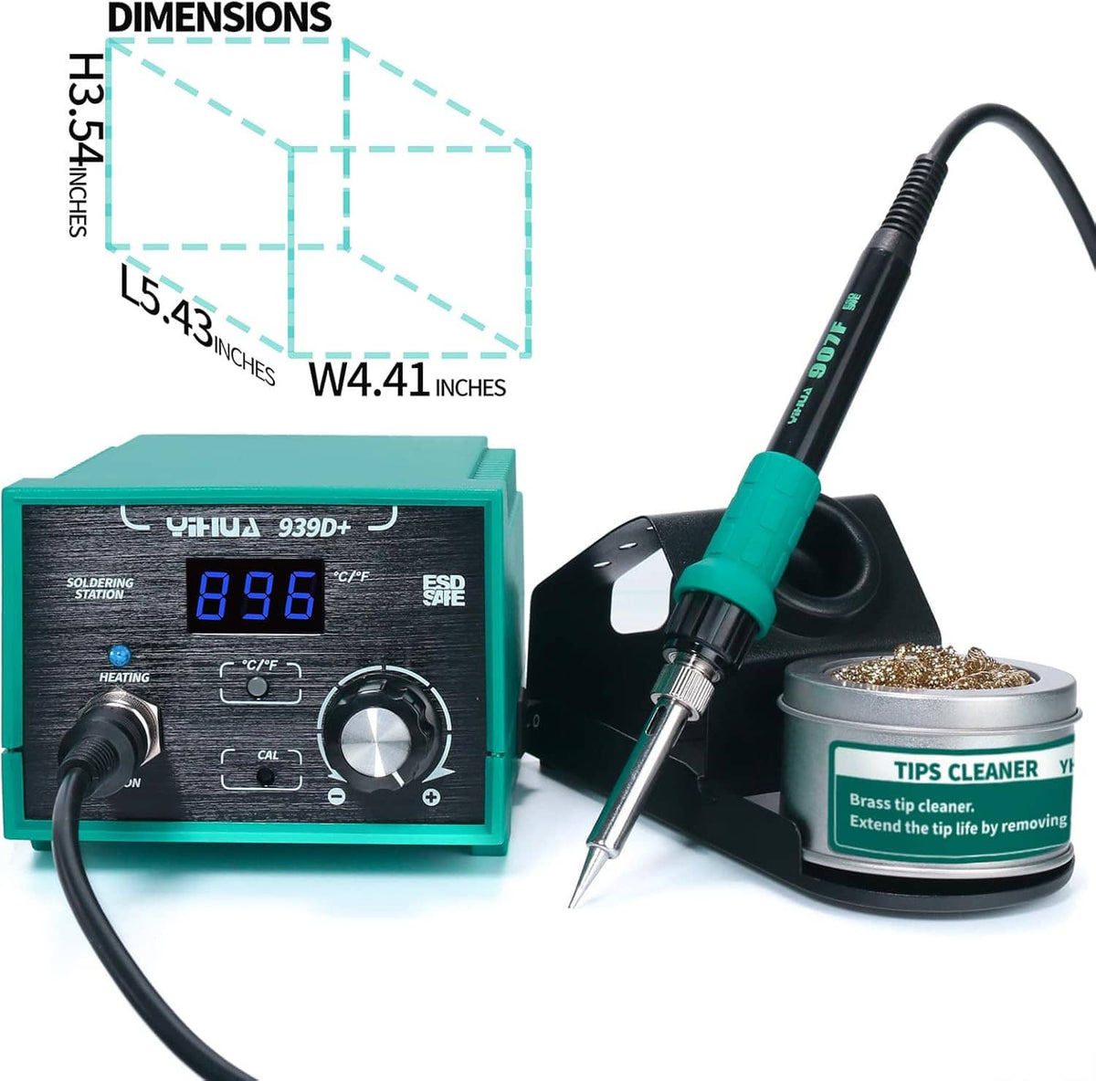 Digital soldering station and soldering iron with dimension labels and W4.41 inch sizing