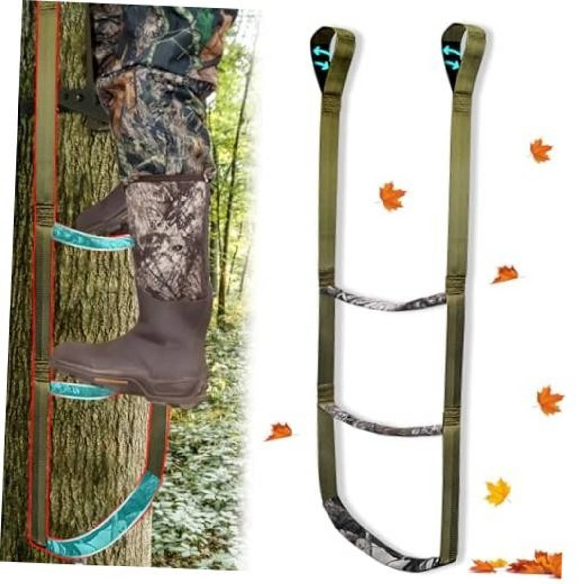 Three-step camo rope ladder climbing aider with teal webbing straps