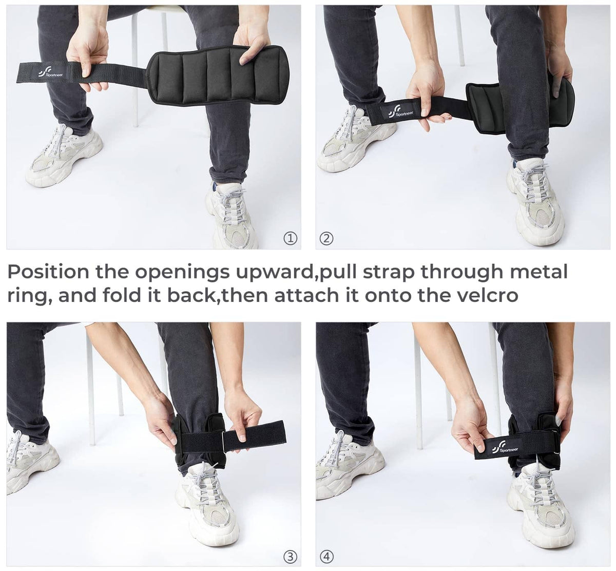 Black ankle weights showing velcro closure and strap routing with metal ring