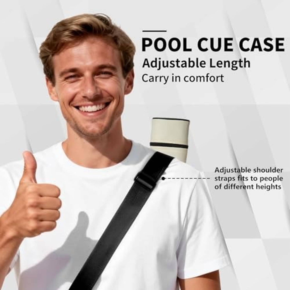Cream cue case with adjustable shoulder strap, carried on shoulder