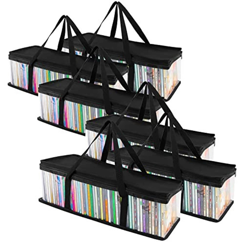 Stacked clear PVC CD storage bags with black straps and visible CD spines