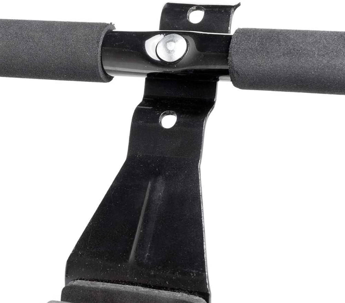 Black doorway sit-up bar end clamps with foam grips and metal locking hardware