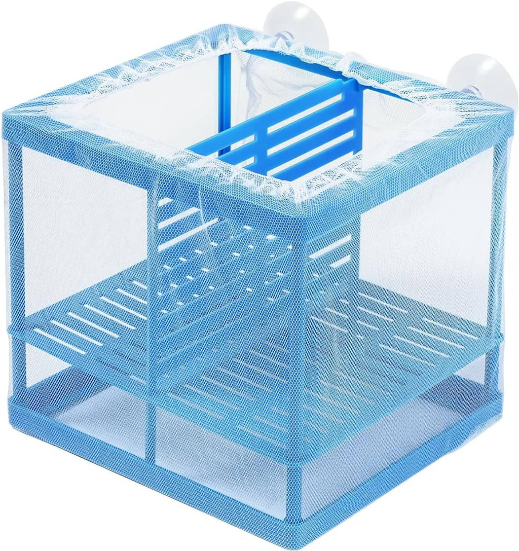 Blue mesh aquarium fry breeder box with divider and inner plastic grid