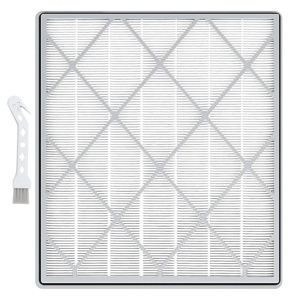 Square HE401 replacement air purifier filter with pleated white material and gray frame.