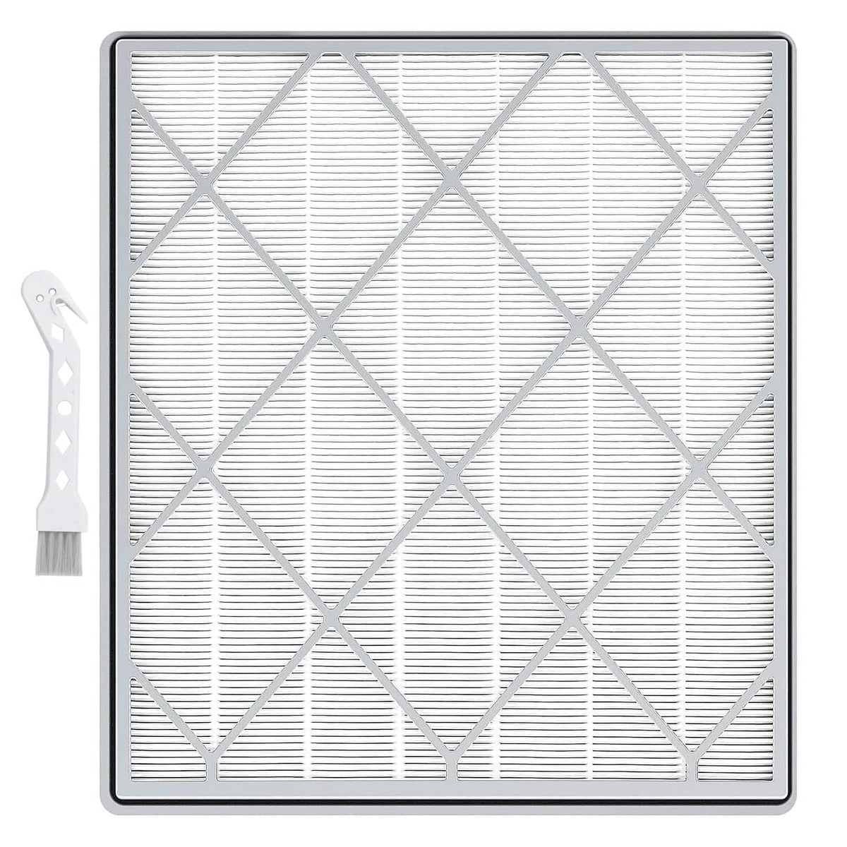 Square HE401 replacement air purifier filter with pleated white material and gray frame.