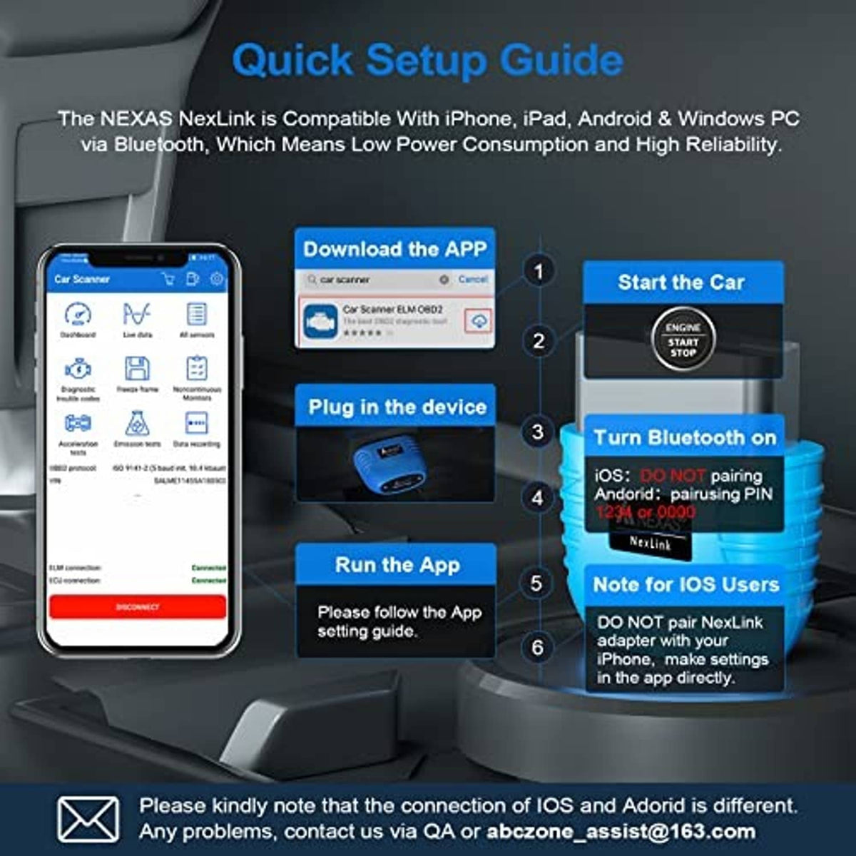 Blue Nexlink Bluetooth OBD2 scanner with smartphone quick setup guide graphic.