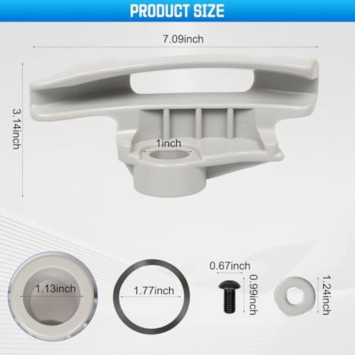 Low-profile nylon tire demount head with handle and underside cutout, size layout