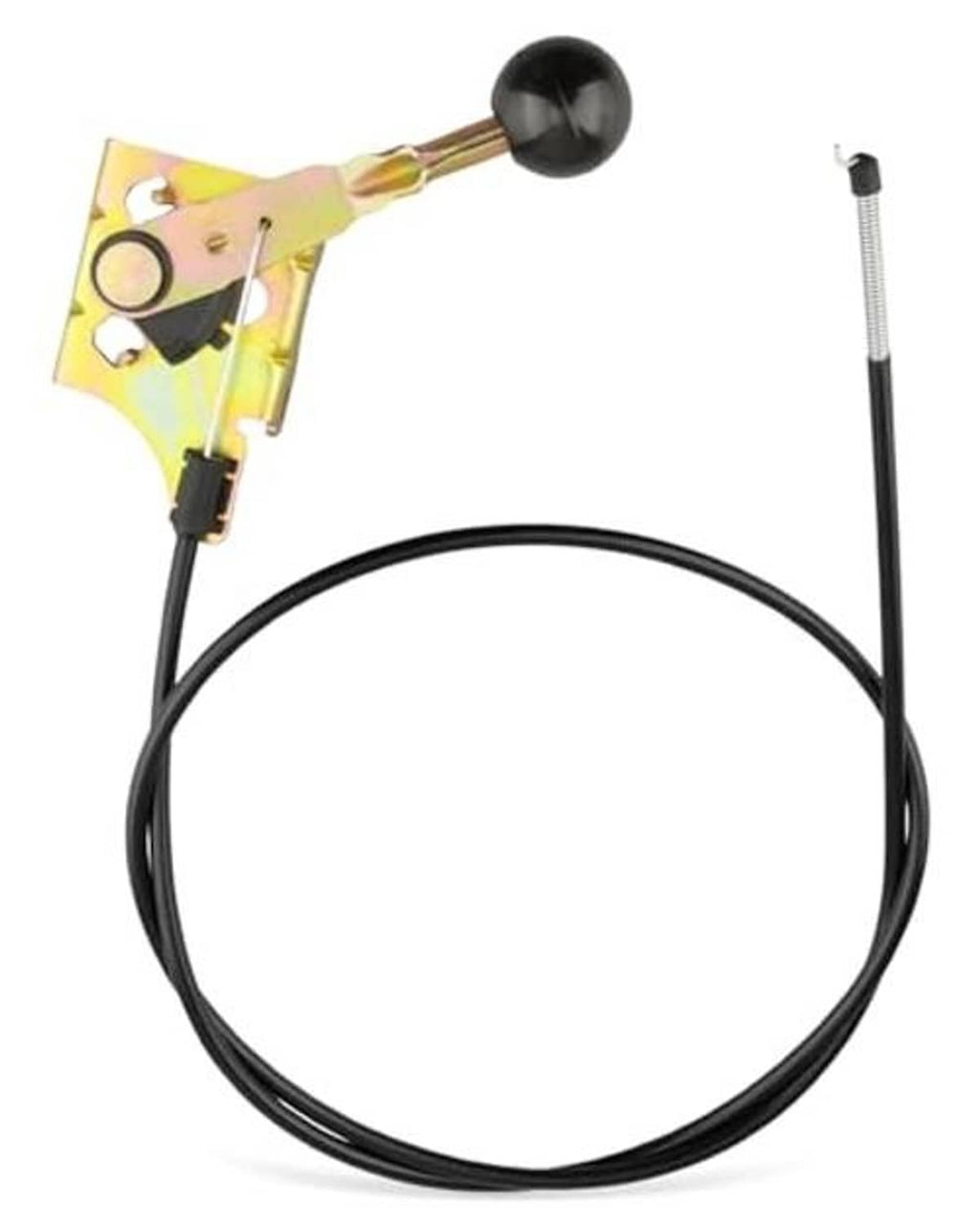 Throttle control cable with black cable, yellow mounting plate, and silver adjustment end