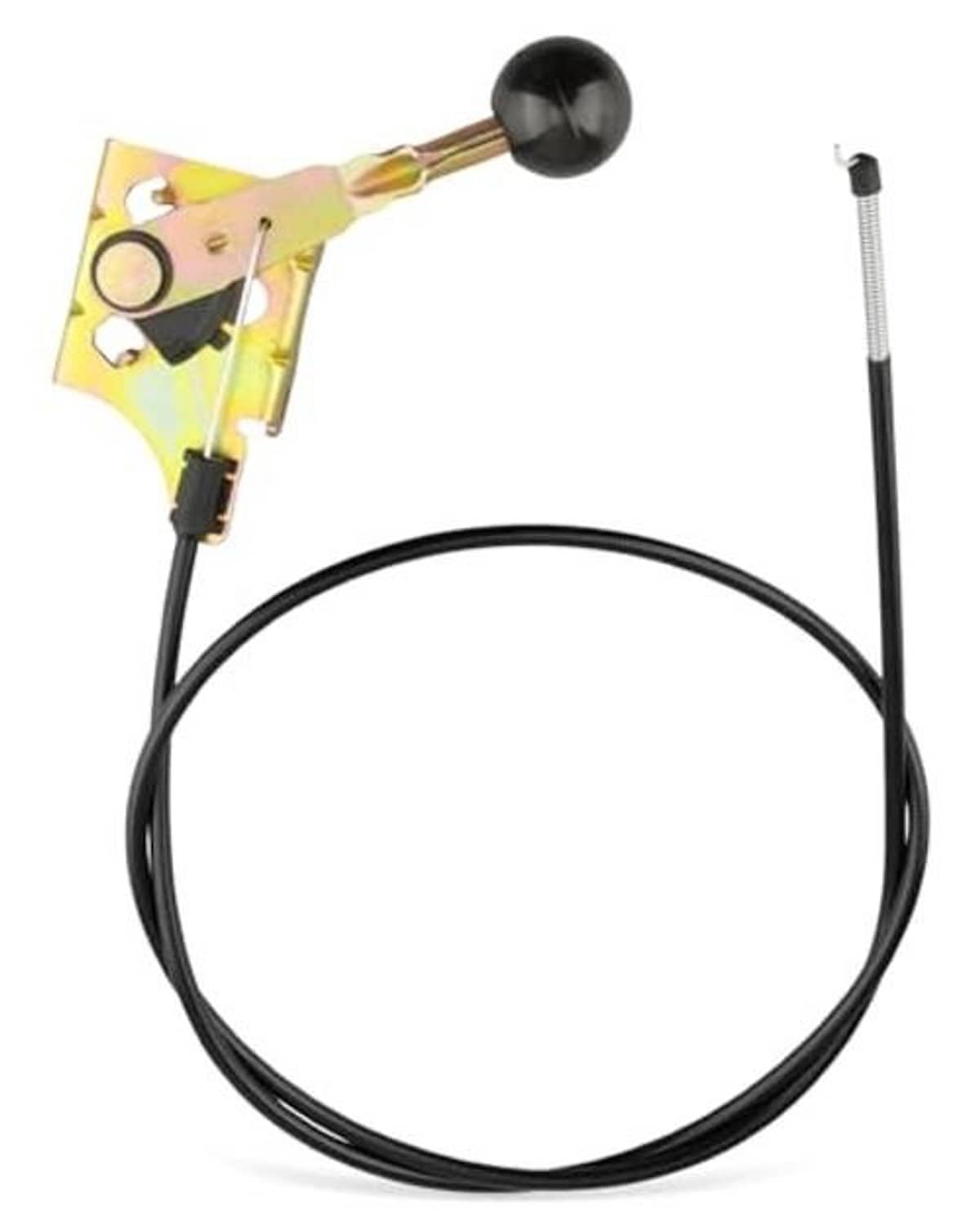 Throttle control cable with black cable, yellow mounting plate, and silver adjustment end