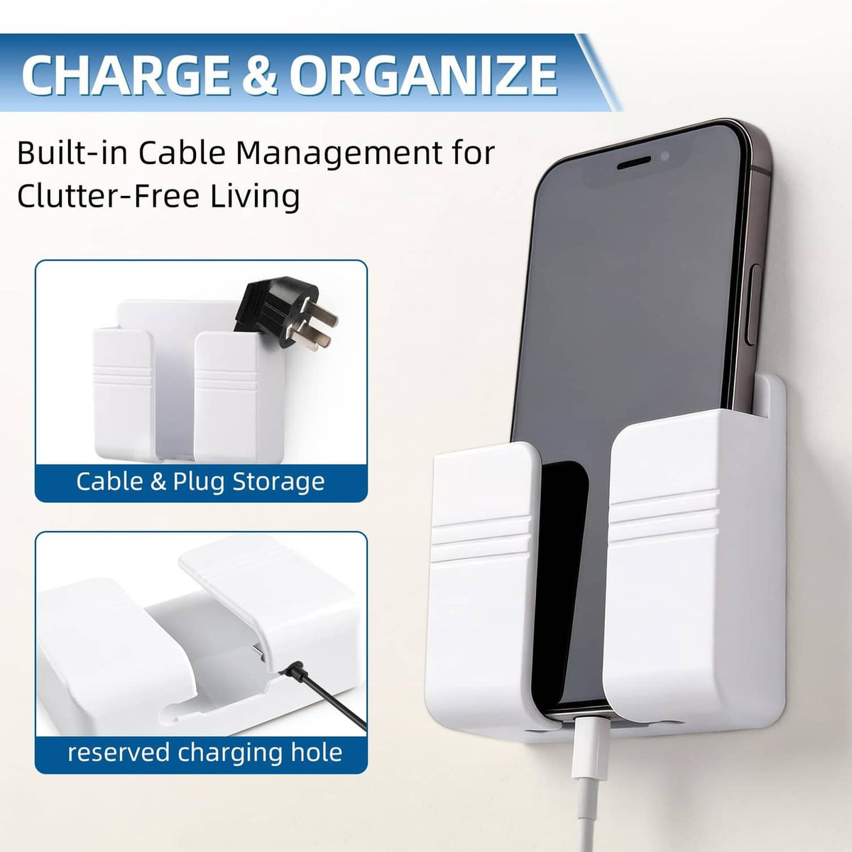 White wall phone holder with built-in cable and plug storage on the side