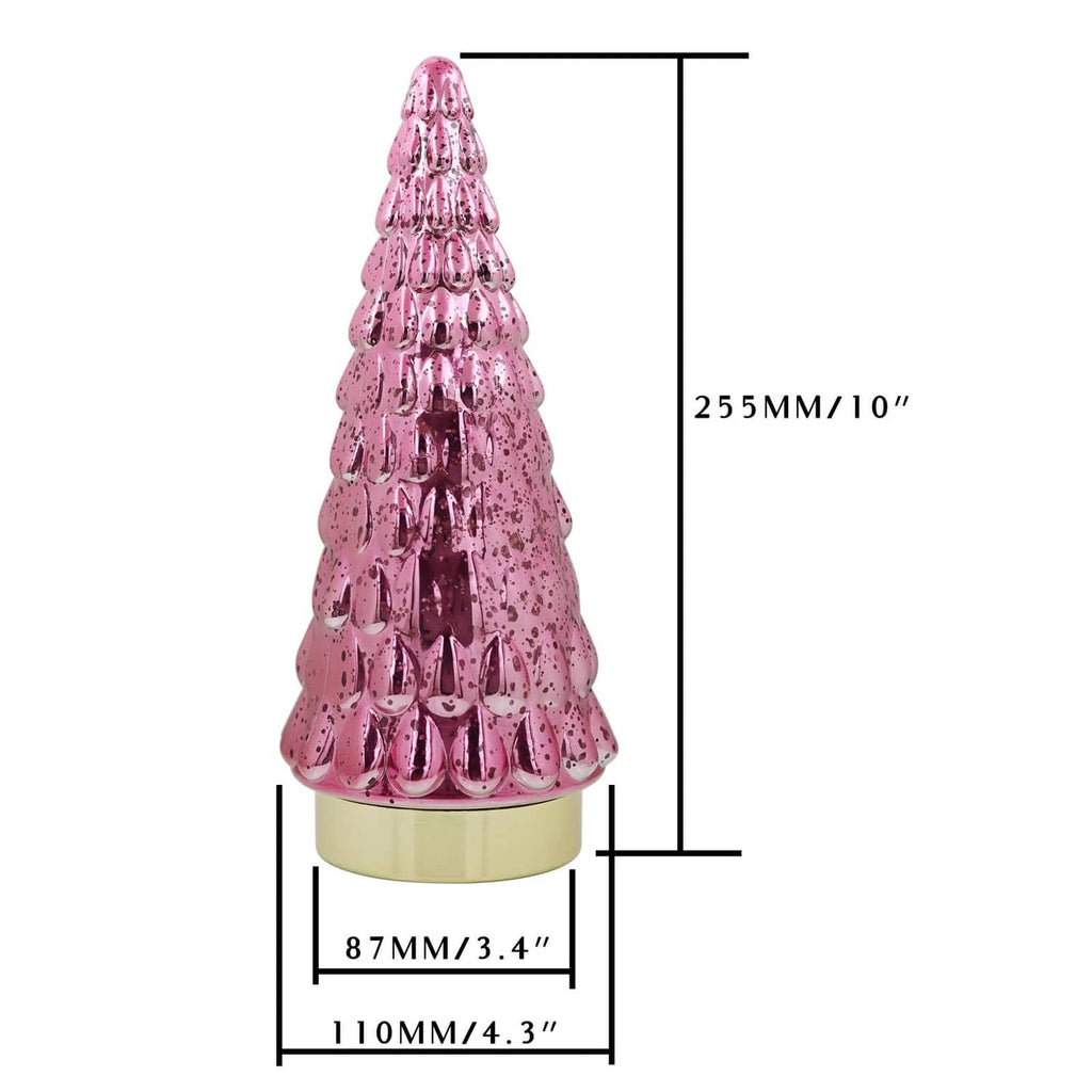 Pink glitter tabletop Christmas tree ornament with size dimensions diagram