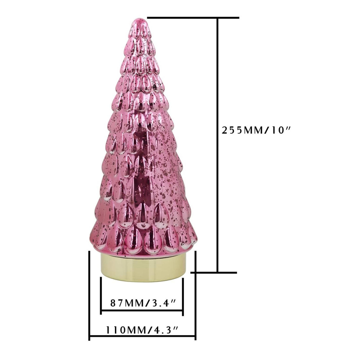 Pink glitter tabletop Christmas tree ornament with size dimensions diagram