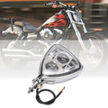 Chrome triangle motorcycle headlight with clear lens and attached wiring harness