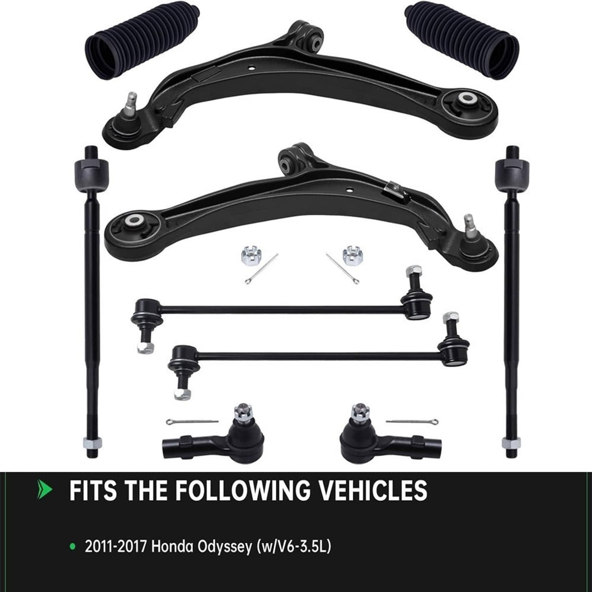 Front suspension kit set with control arms, tie rods, sway bar links, and bushings