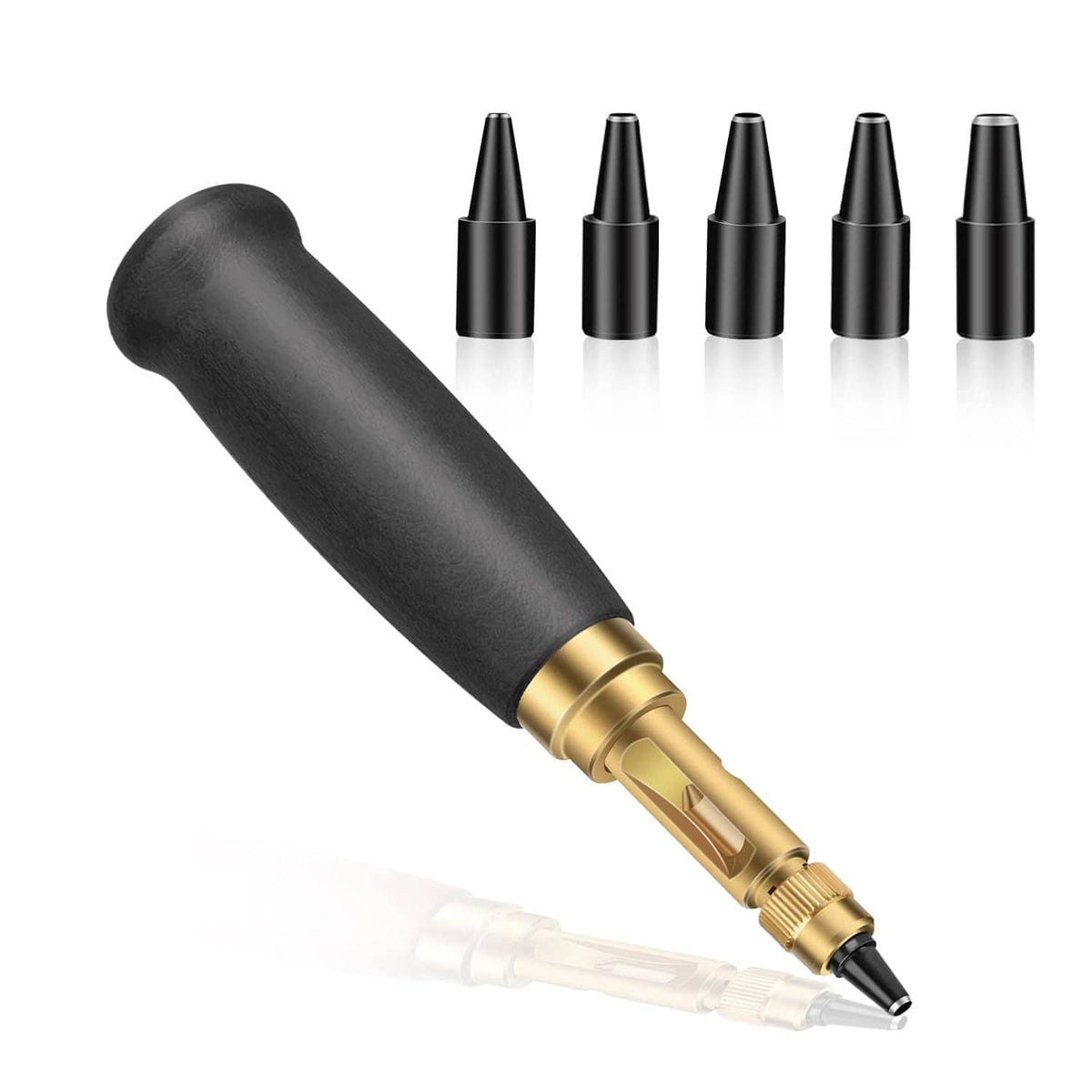 Automatic hole punch tool with black wooden handle and gold mechanism; punch tips shown