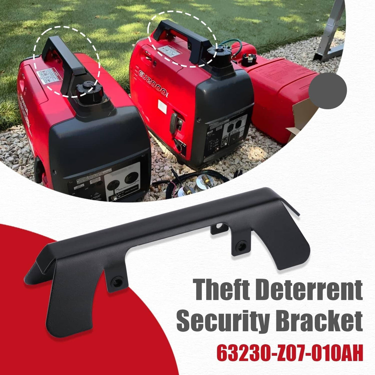 Black theft deterrent generator security bracket installed on generator handle area