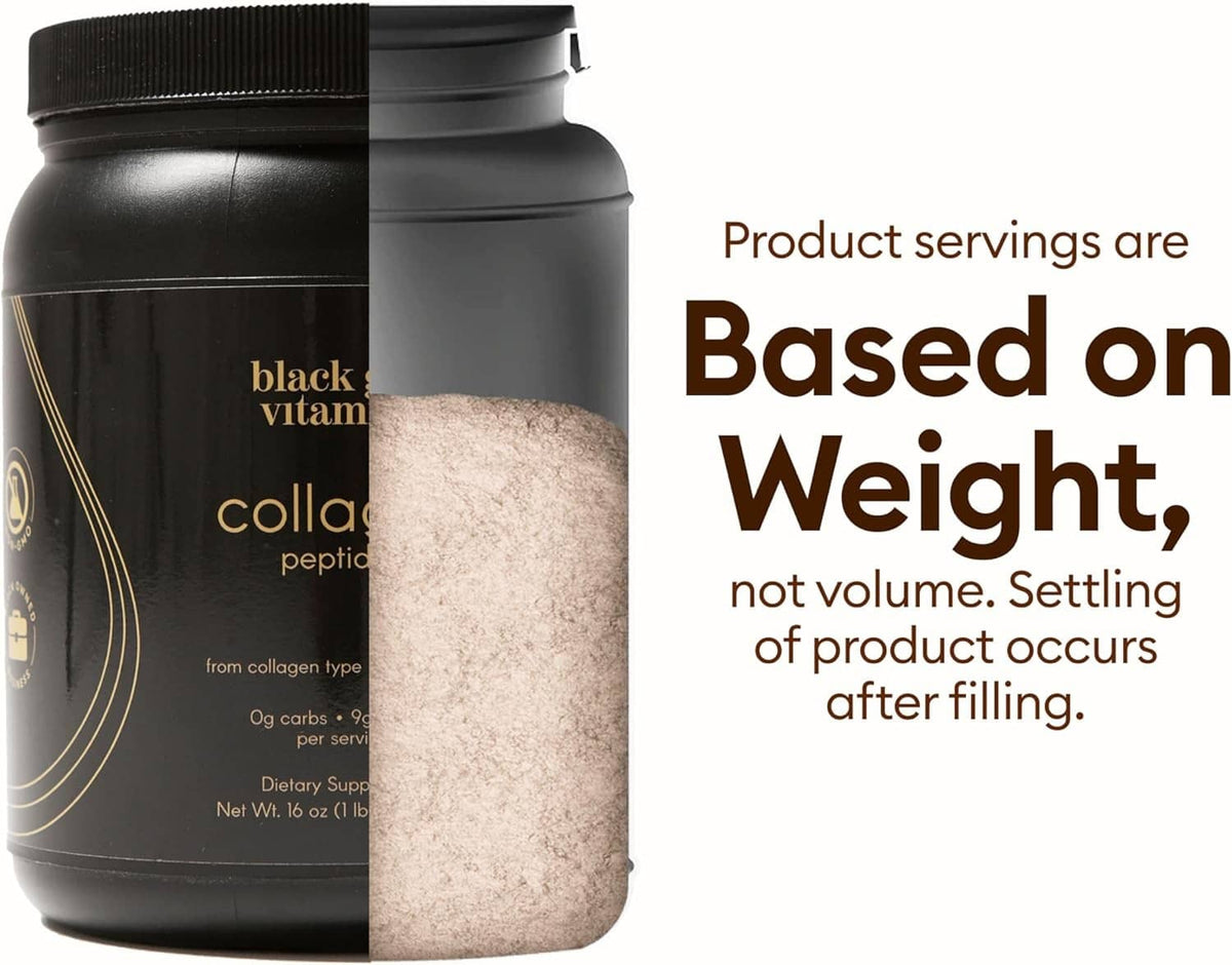Collagen peptides powder jar with scoop showing light brown powder