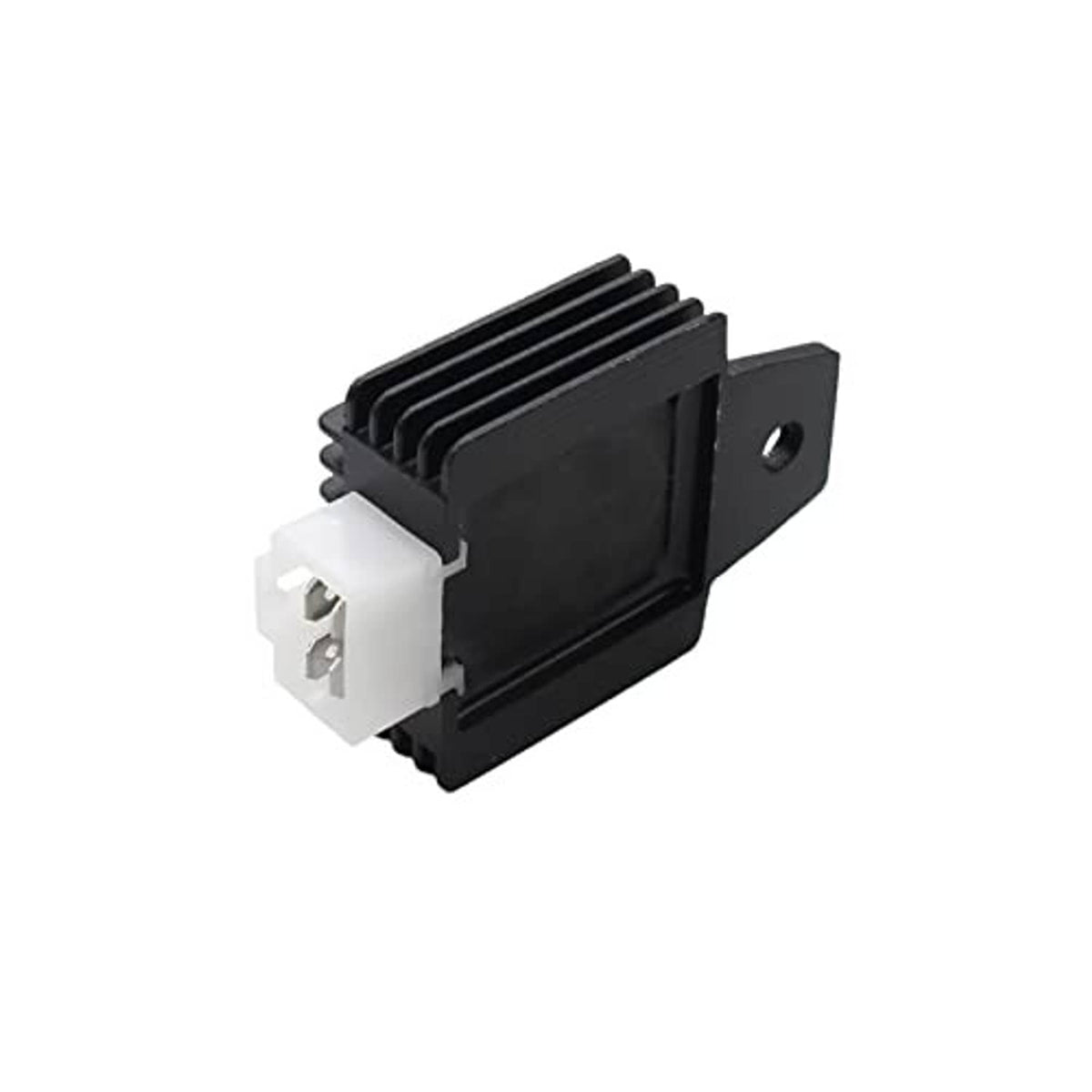 Black voltage rectifier regulator with white 4-pin connector and flat mounting tab side.
