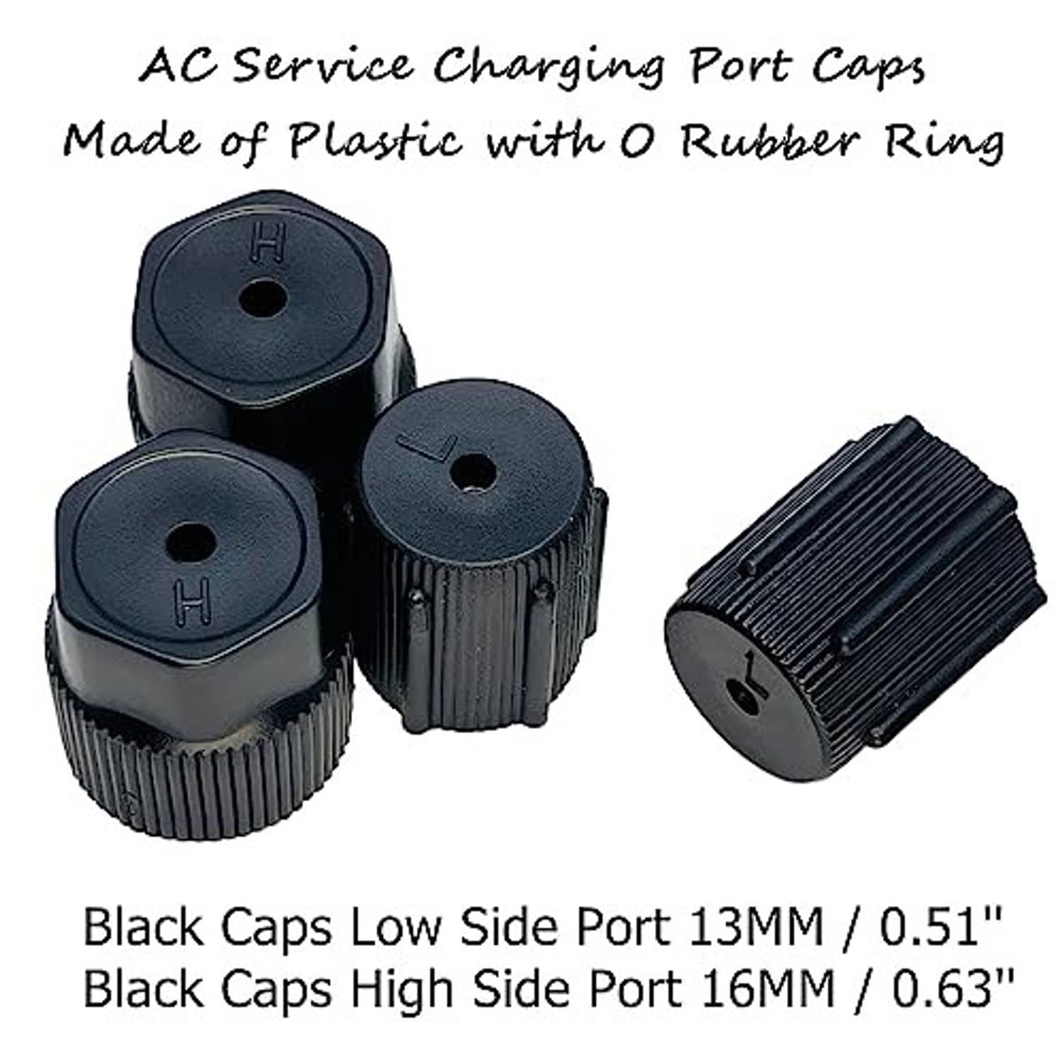 Air conditioning service charging port caps set in black plastic with rubber-ring style seals