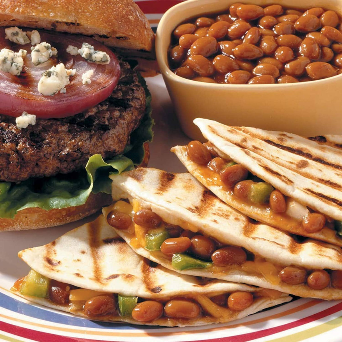 Baked beans with grilled sandwiches on a plate