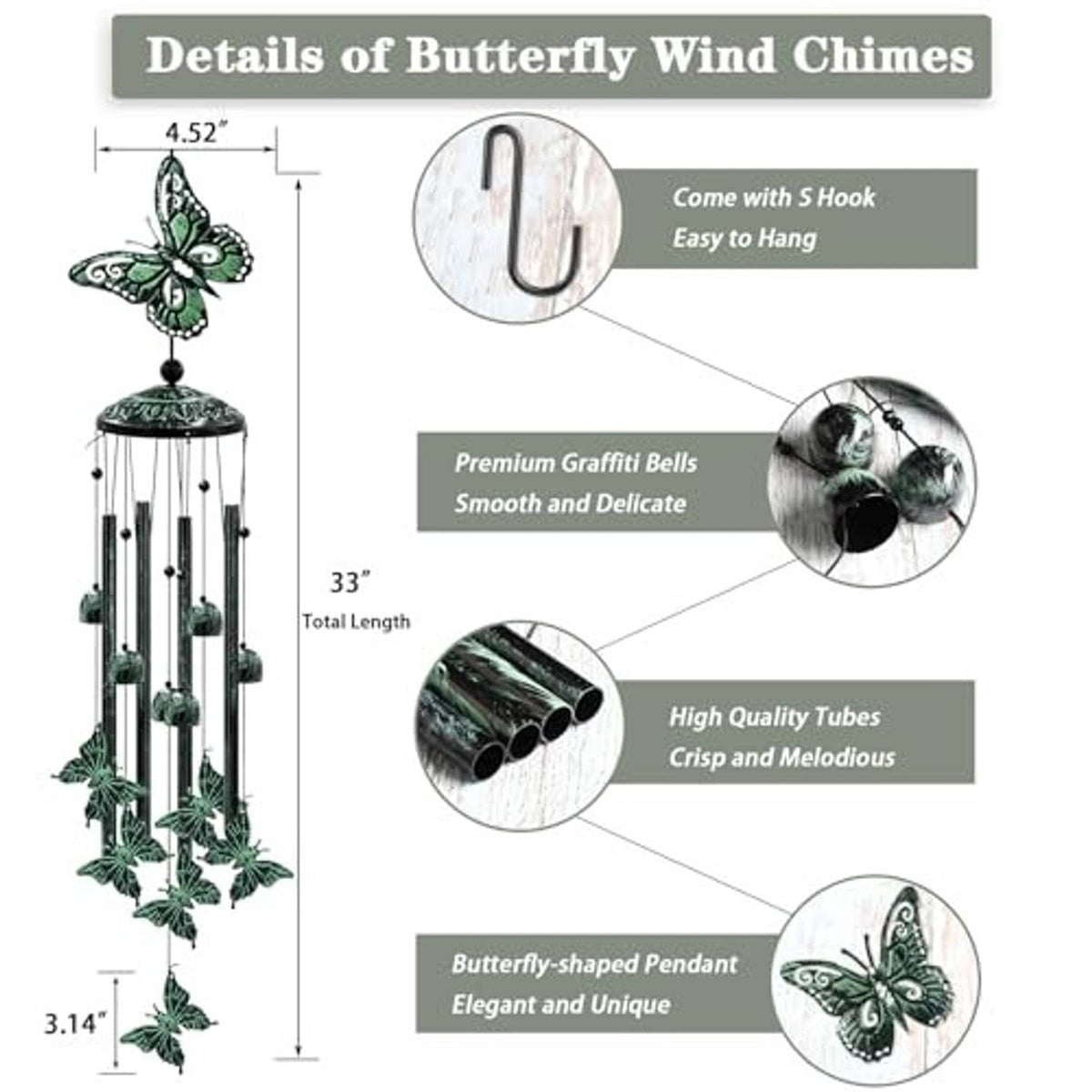 Green butterfly wind chime diagram with hook, tubes, and butterfly-shaped pendant