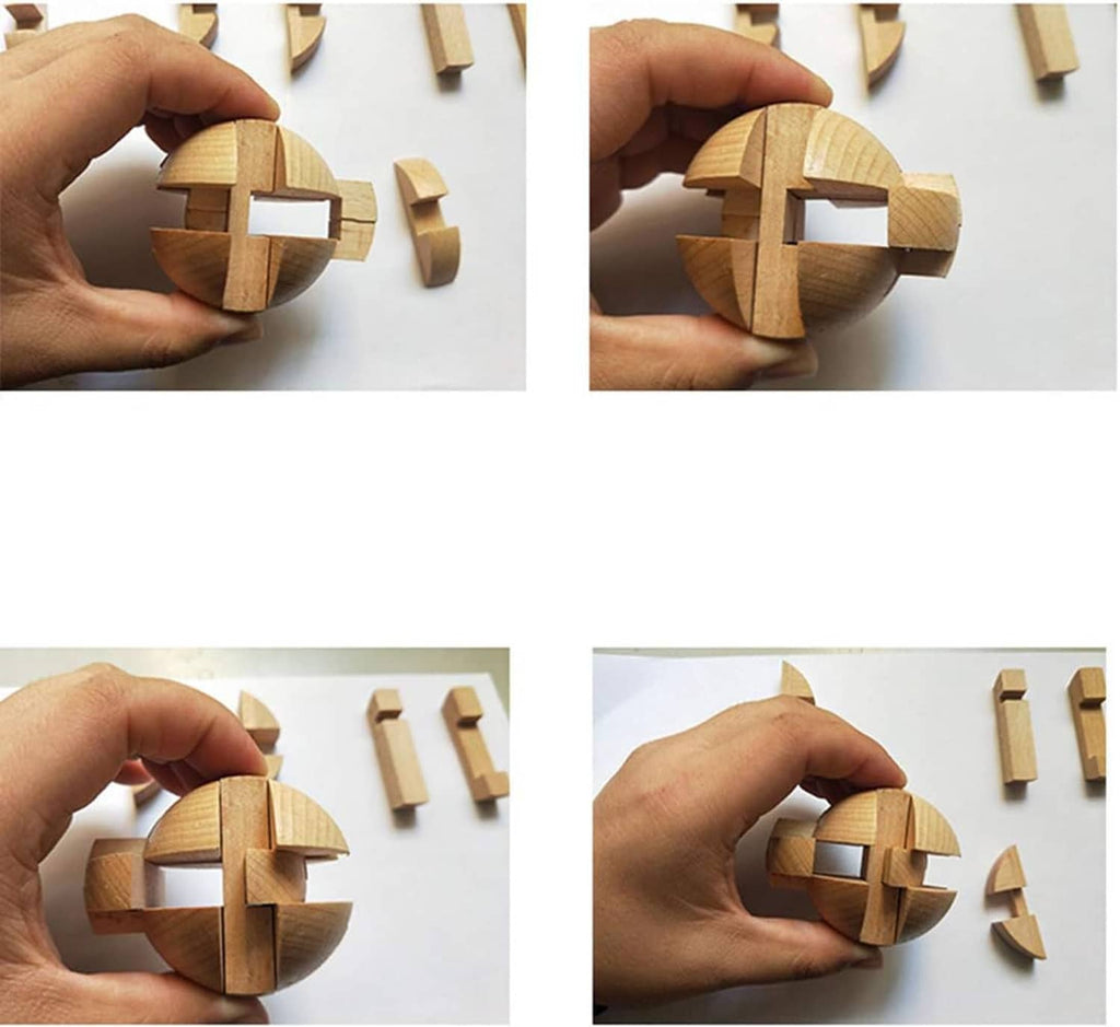 Hands assembling a wooden puzzle sphere from small interlocking wooden blocks