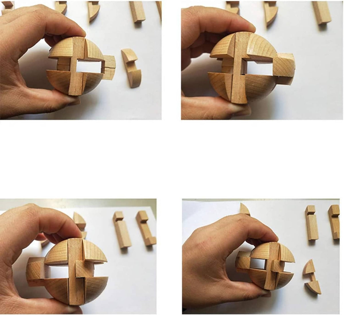 Hands assembling a wooden puzzle sphere from small interlocking wooden blocks
