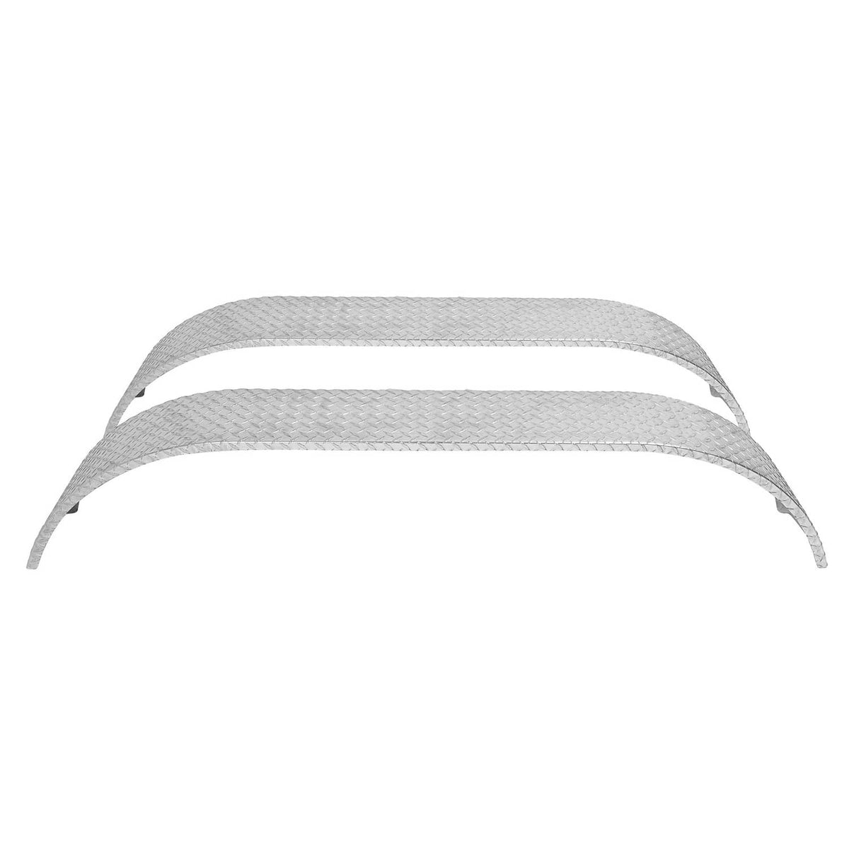 Silver teardrop tread plate fender pair, low profile curved shape front view