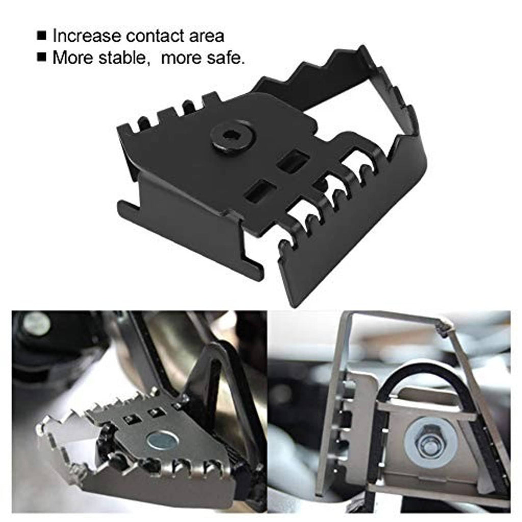 Black brake lever extension bracket with serrated contact teeth, angled view