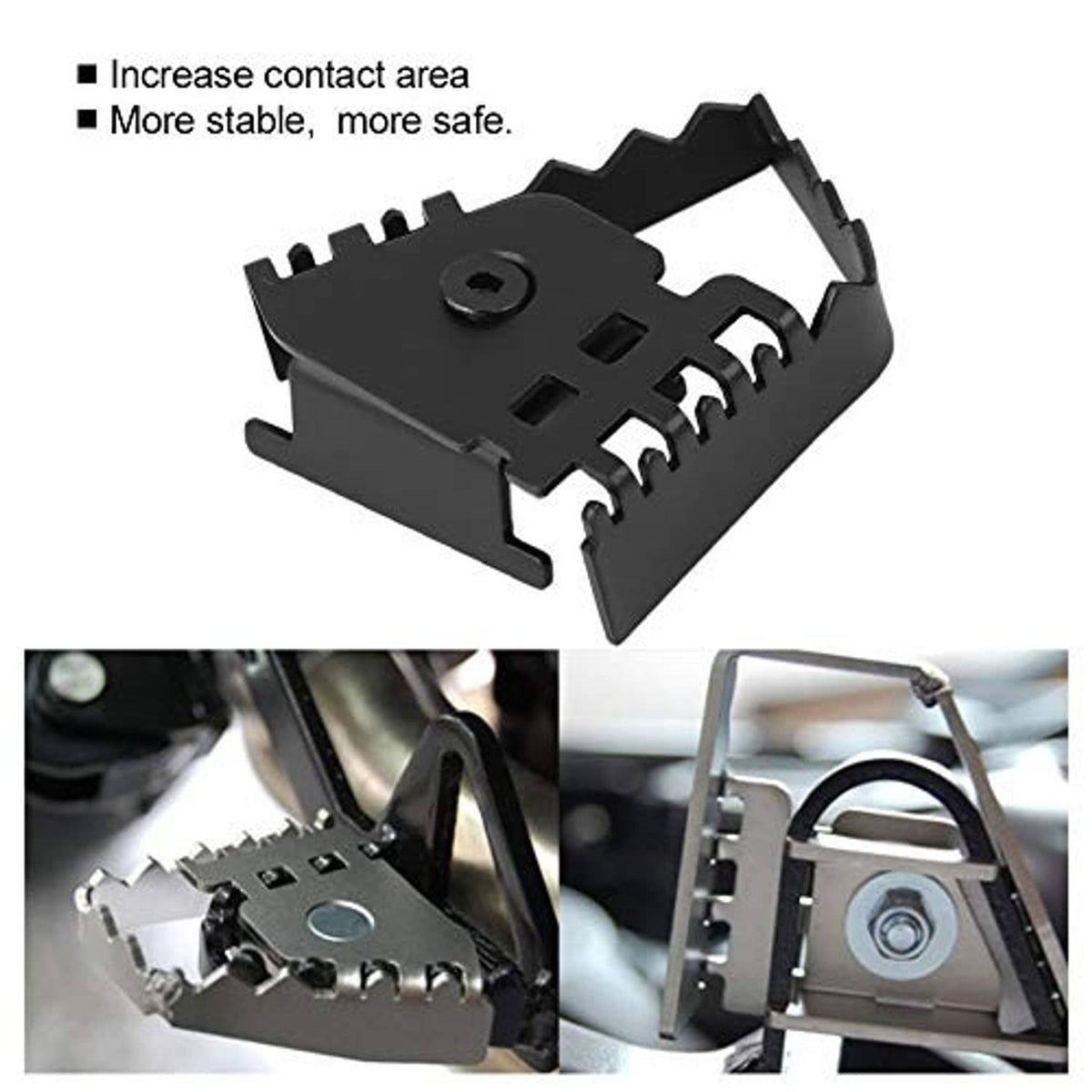 Black brake lever extension bracket with serrated contact teeth, angled view