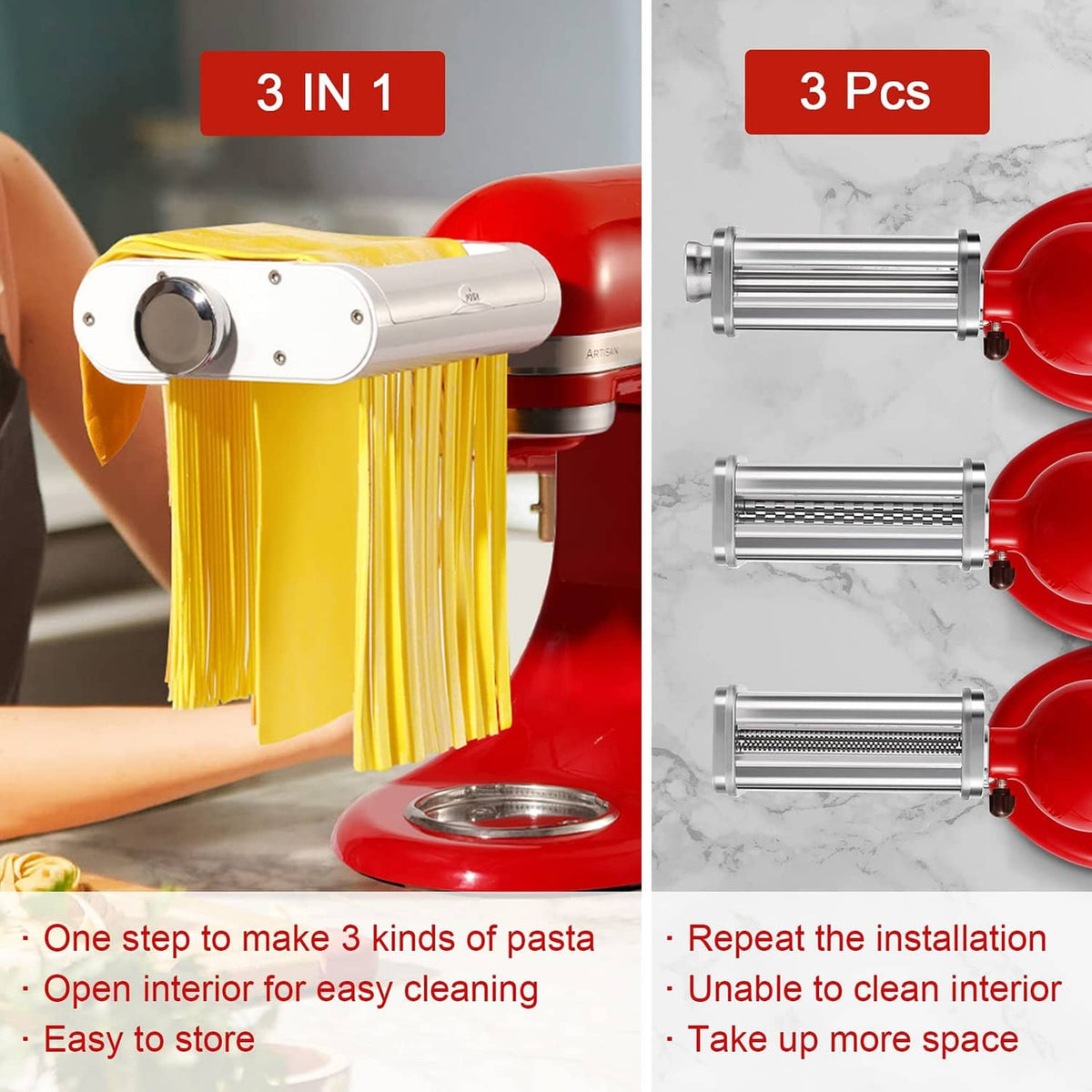 White pasta roller-cutter attachment showing three roller types with yellow noodles