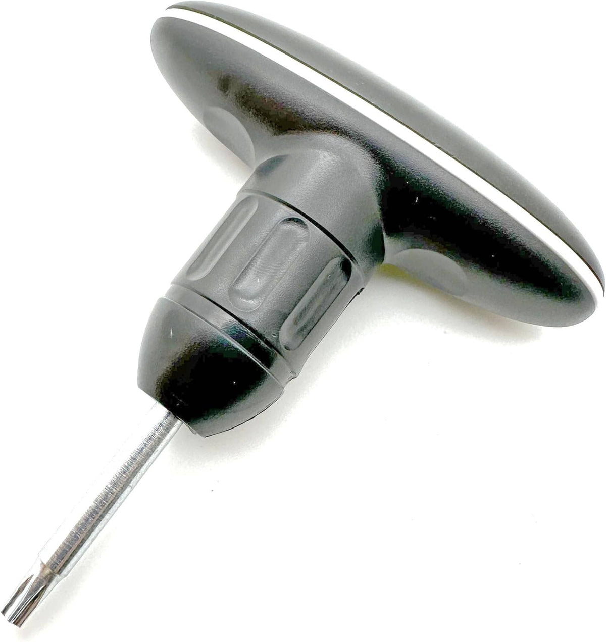 Golf torque wrench with dark gray circular head and metal shaft