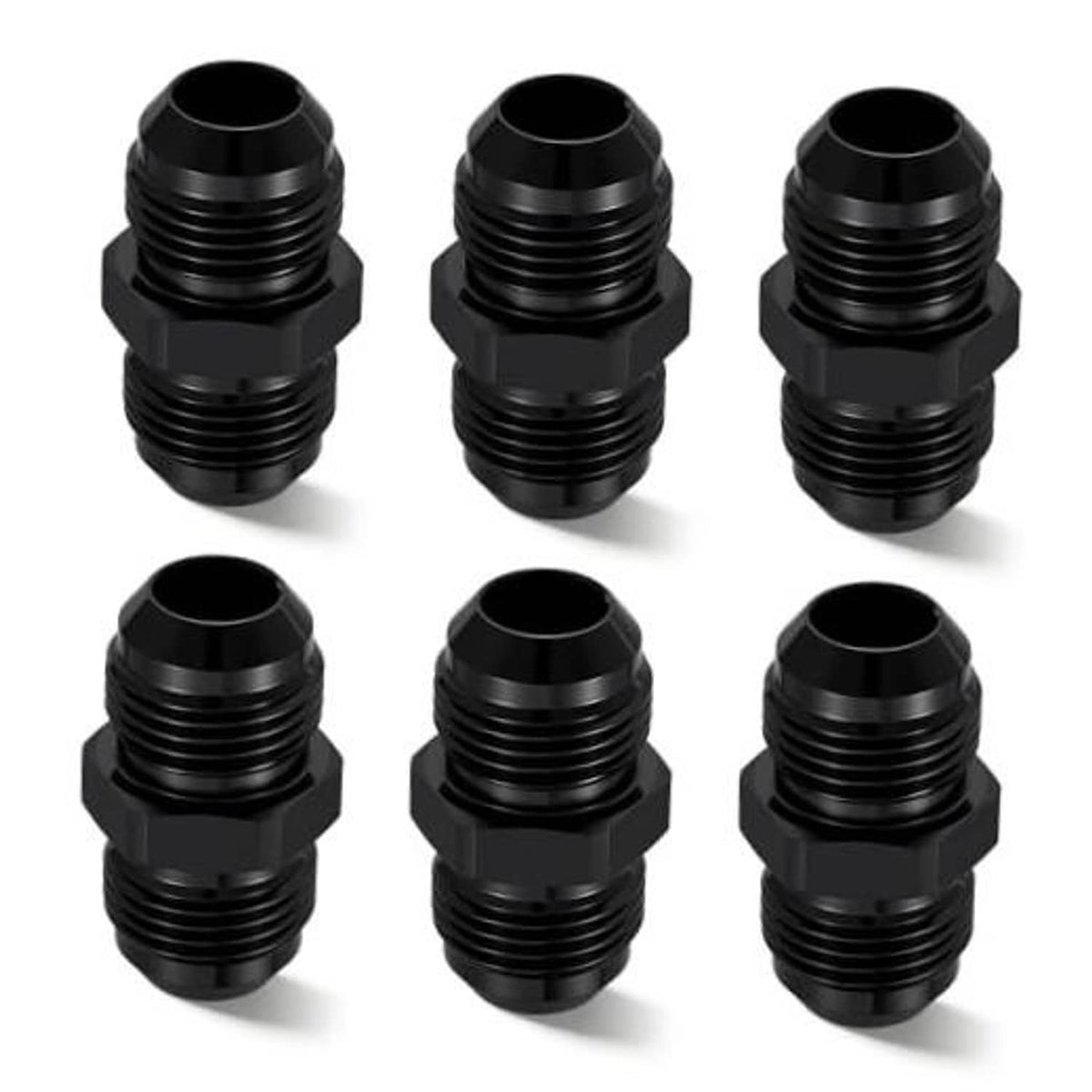 Black AN flare union straight fuel hose adapter, double male threaded coupler